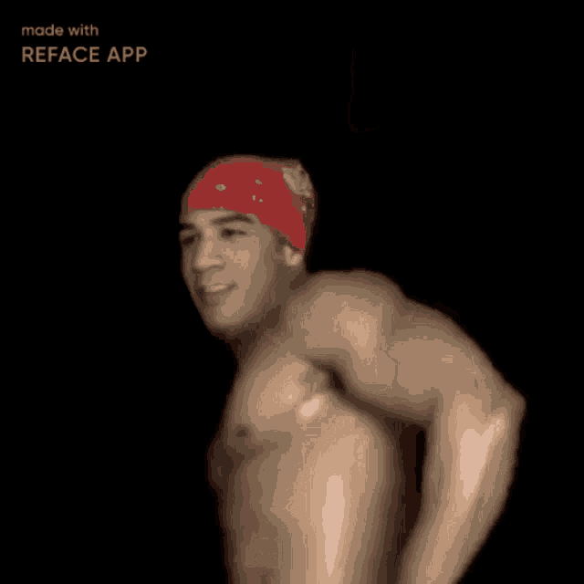 a man without a shirt is dancing in a red bandana with the words made with reface app below him
