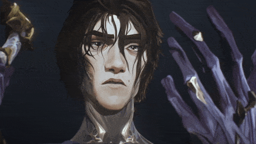 a close up of a man 's face with a purple glove