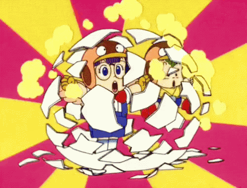 a couple of cartoon characters standing in a circle with papers flying around them