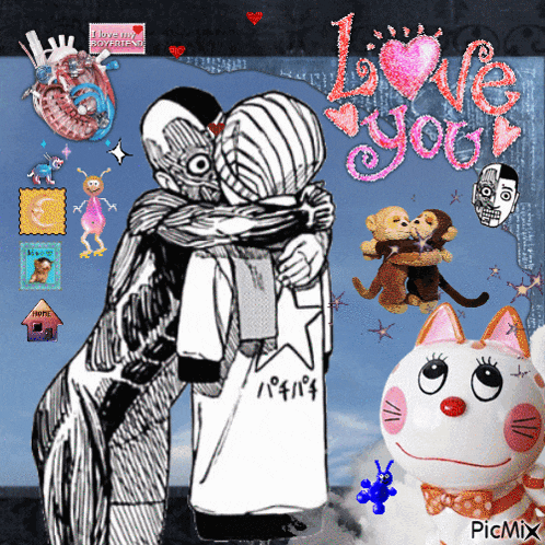 a picture of a couple hugging with the words love you in pink