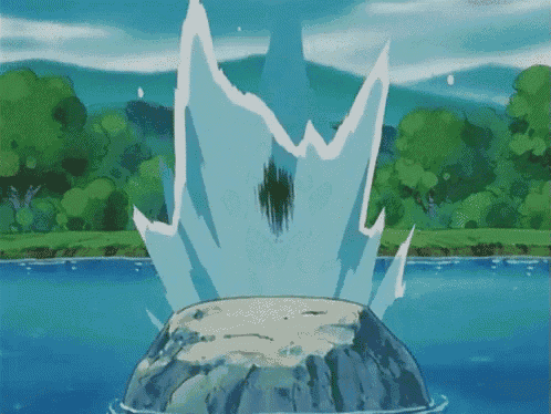 a cartoon scene with a rock in the middle of the water