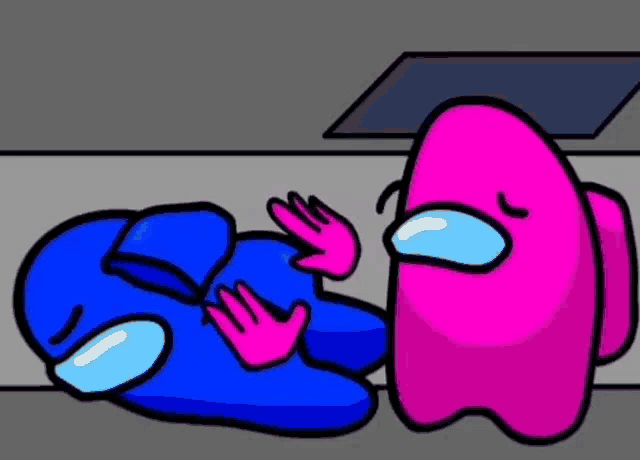 a blue and a pink among us character are laying on the floor .