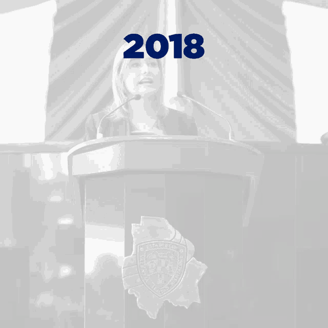 a woman stands behind a podium with the year 2018 on it