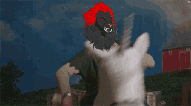 a drawing of a man riding a rabbit with a red mane