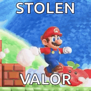 a cartoon of mario jumping in the air with the words `` stolen valor '' written above him .