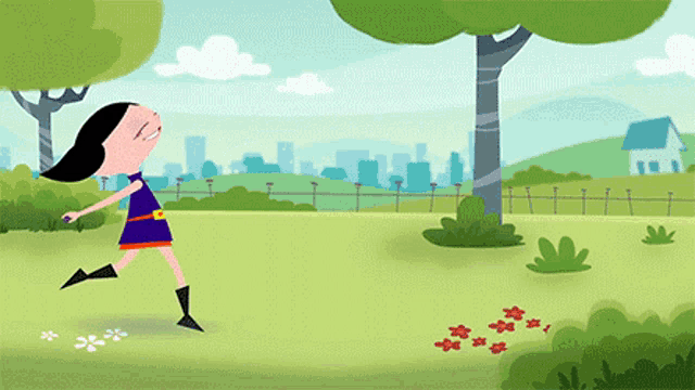 a cartoon girl in a blue dress is running in a field