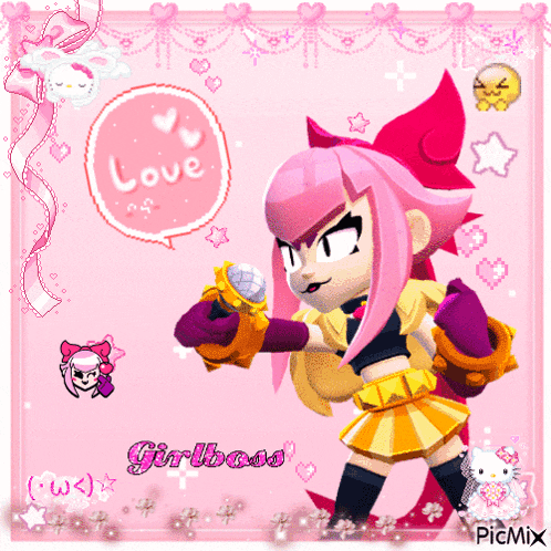 a picture of a girl with pink hair and a speech bubble that says " love "