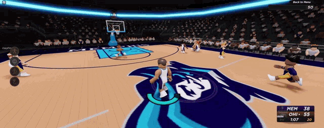 a basketball game is being played on a court with a tiger on the logo