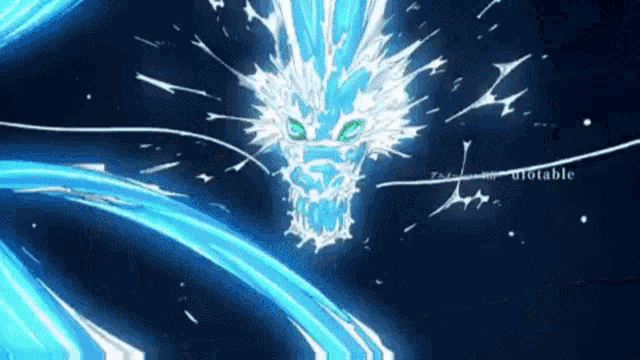 a blue dragon with green eyes is surrounded by blue water