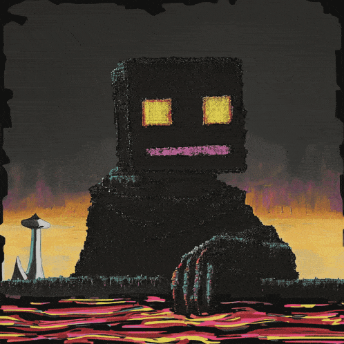 a painting of a monster with a yellow eye and a pink nose