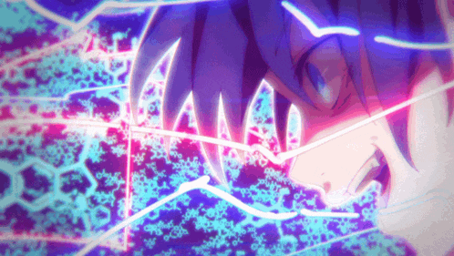 a close up of a person 's face with purple and blue lights coming out of it