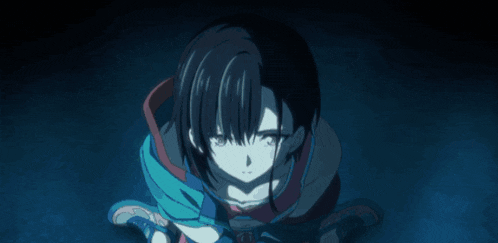 a girl in a blue and red outfit is looking up