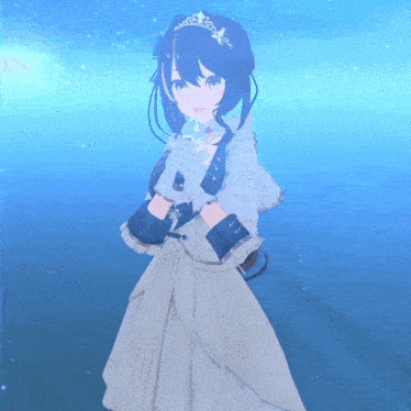 a girl in a white dress is holding a blue object