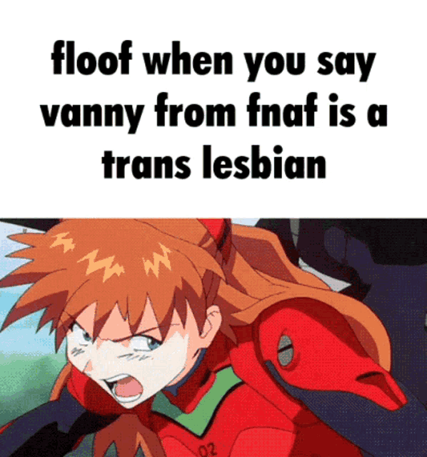 a picture of an angry anime girl with the words floof when you say vanny from fnaf is a trans lesbian