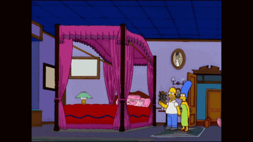 homer simpson and marge simpson in a bedroom with a four poster bed
