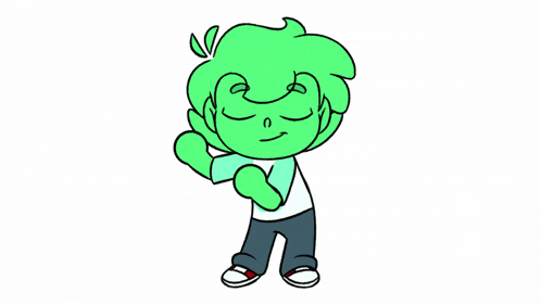 a cartoon drawing of a boy with green hair and a white shirt