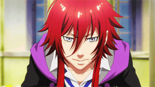 a red haired anime character with blue eyes and a purple jacket