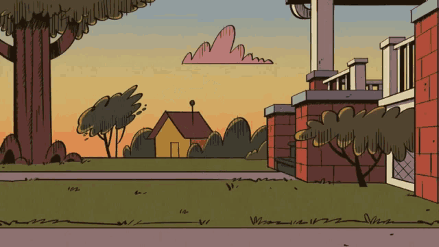 a cartoon drawing of a house with a tree and a cloud in the sky
