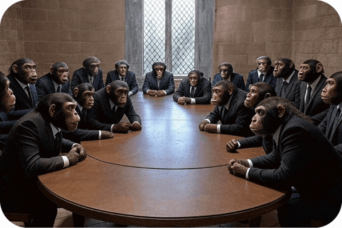 a group of chimpanzees wearing suits sit around a table