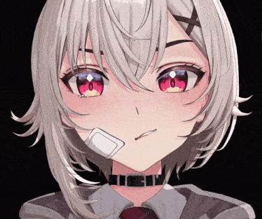 a close up of a girl 's face with red eyes