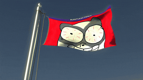 a red and purple flag with a cartoon face on it that says sleepless futura