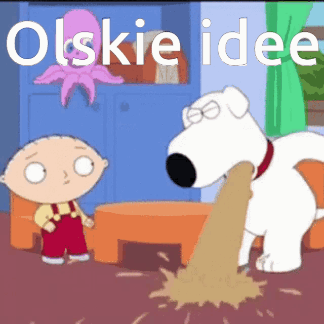 a cartoon of a boy and a dog with the words " olskie idee " on the bottom