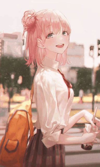 a girl with pink hair is wearing a school uniform