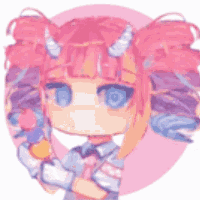 a girl with pink hair and horns is holding an ice cream cone in her hand .