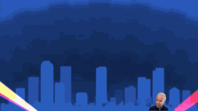 a man stands in front of a city skyline with a blue background