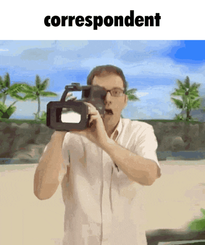 a man is taking a picture with a camera and the words correspondent are above him