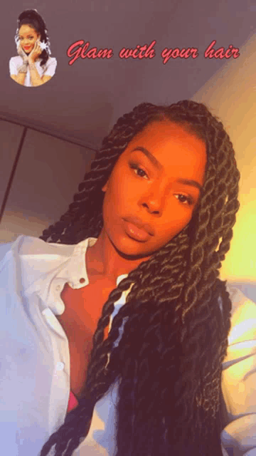 a picture of a woman with the words " glam with your hair " above her