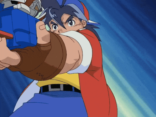 a man in a red cape is holding a blue object in his hand