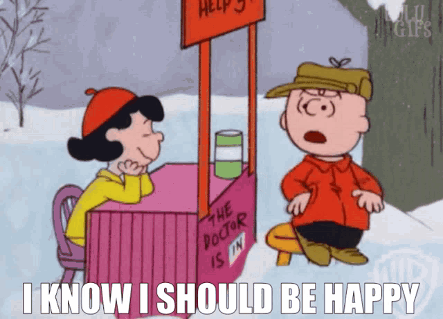 a cartoon of charlie brown and lucy brown talking to the doctor