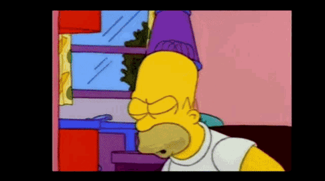 a cartoon of homer simpson wearing a purple hat looking out a window