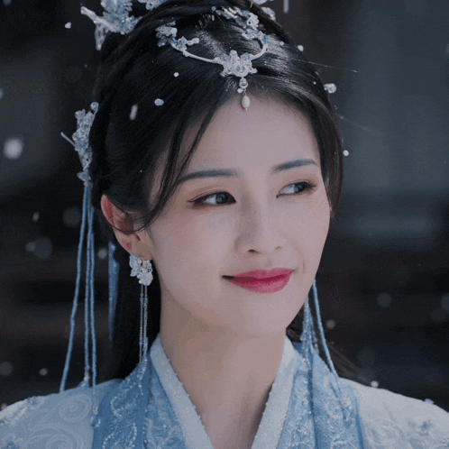 a close up of a woman wearing a blue dress