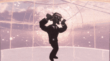 a cartoon character in a suit dancing in a room
