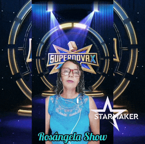 a woman wearing glasses and headphones stands in front of a supernovax logo