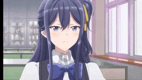 a girl with long purple hair is wearing a white shirt and a blue bow tie