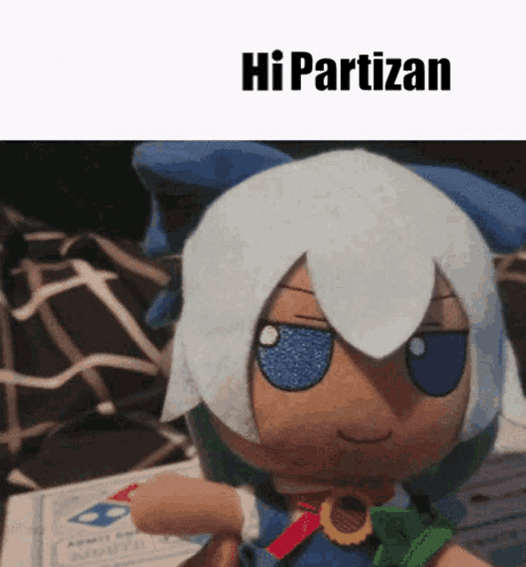 a picture of a stuffed doll with the words hi partizan written above it