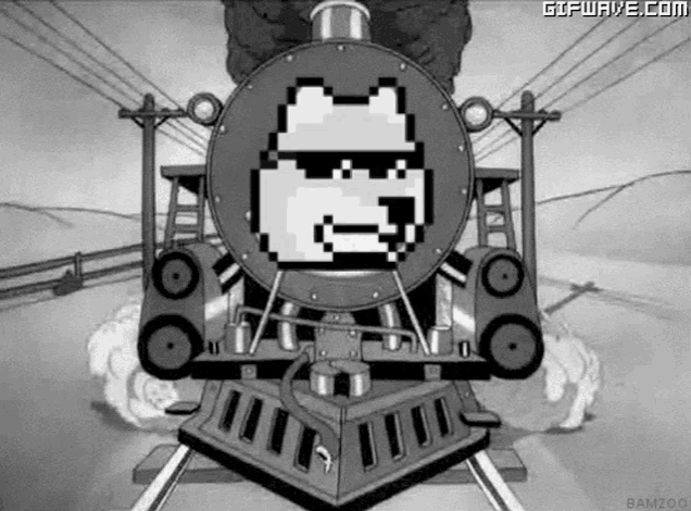 a black and white cartoon of a train with a pixelated face on the front .