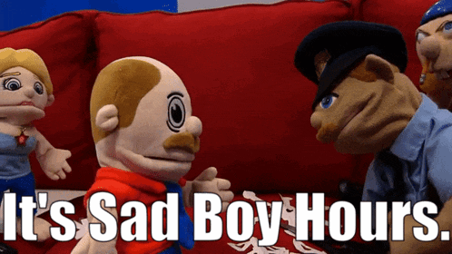a group of stuffed animals sitting on a red couch with the words it 's sad boy hours