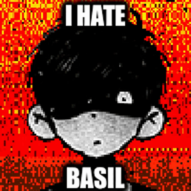 a pixel art of a boy with the words " i hate basil " on the bottom