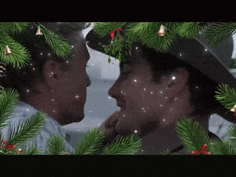two men are kissing under a mistletoe with christmas decorations in the background