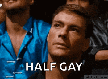 a man in a blue shirt is looking up with the words half gay written on his face .