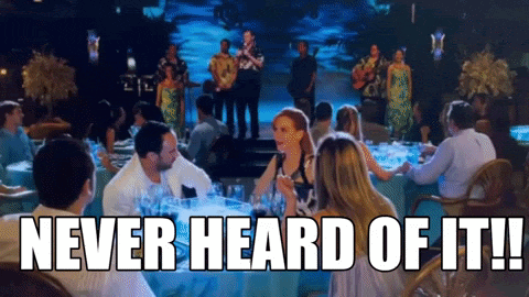 a group of people sitting at tables with the words " never heard of it " on the bottom