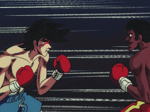 a cartoon of a man wearing red boxing gloves in a boxing match