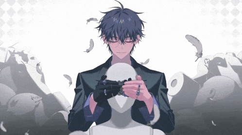 a man in a suit is covering his eyes with a mask surrounded by feathers