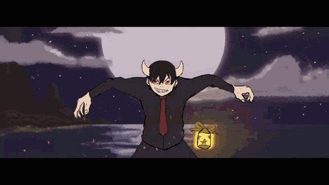 a cartoon of a man with horns holding a gift