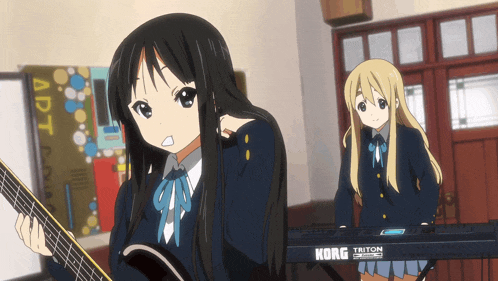 a girl playing a guitar next to another girl playing a keyboard that says korg triton