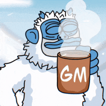 a cartoon of a yeti holding a cup of gm